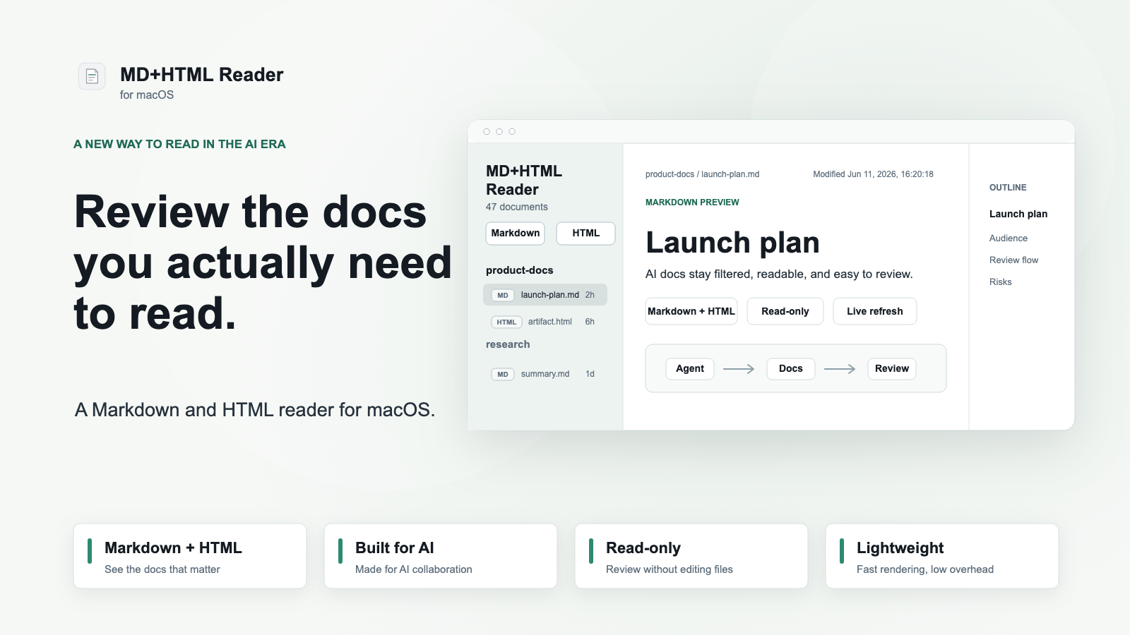 MD+HTML Reader showing a focused document review workspace