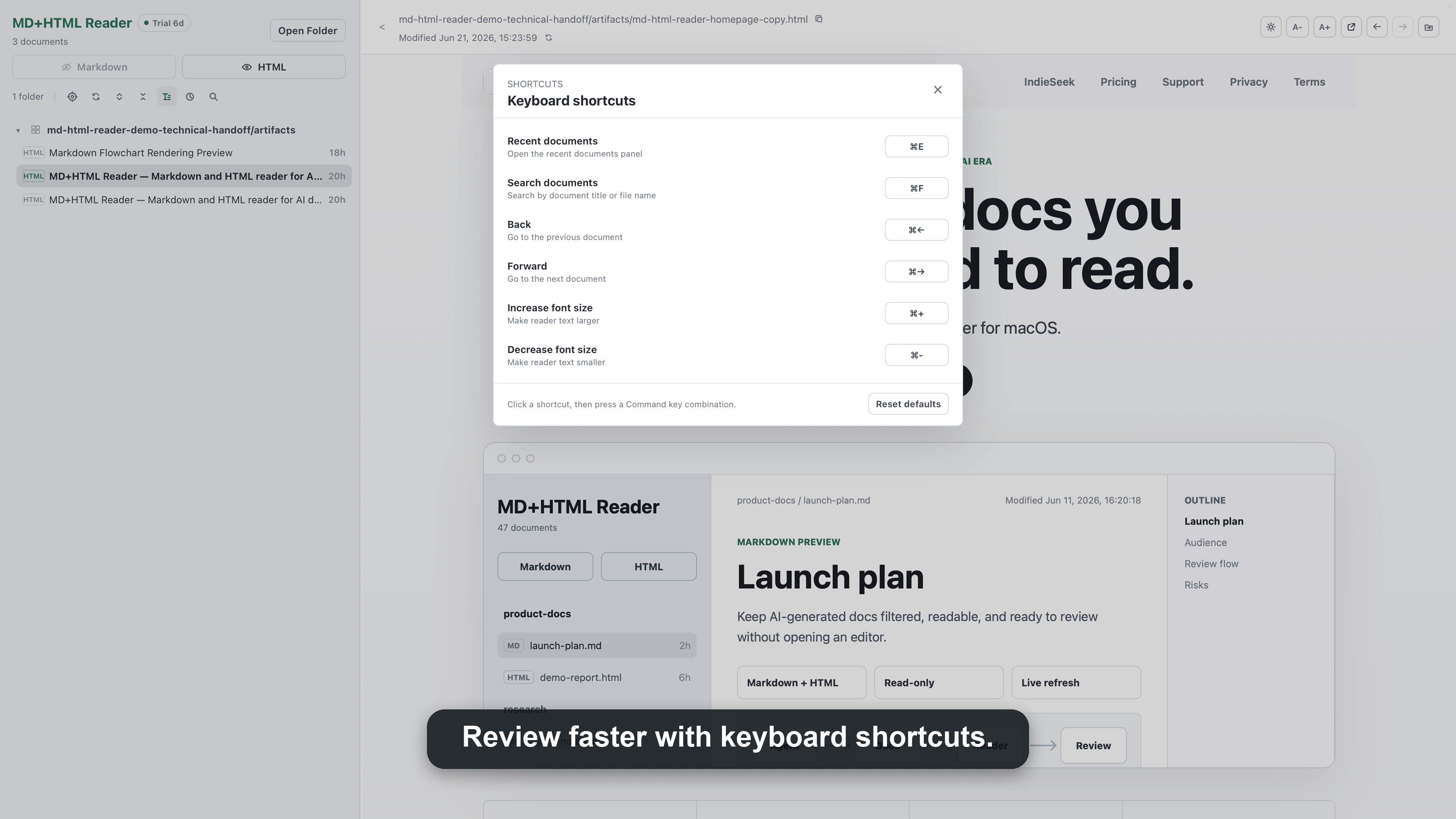 MD+HTML Reader showing configurable keyboard shortcuts for recent documents, search, navigation, and font size.